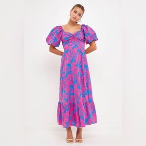 Free the Roses Floral Puff Sleeve Tie Back Maxi Dress, L, Blue/Fuchsia